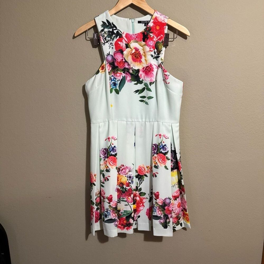 Womens Gianni Bini Dress Medium Sleeveless Mint Green Floral Pleated A-Line